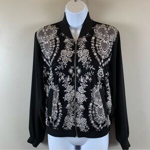 Society Girl Embroidered Black Bomber Jacket Zip Front Size Small Retro Goth EUC